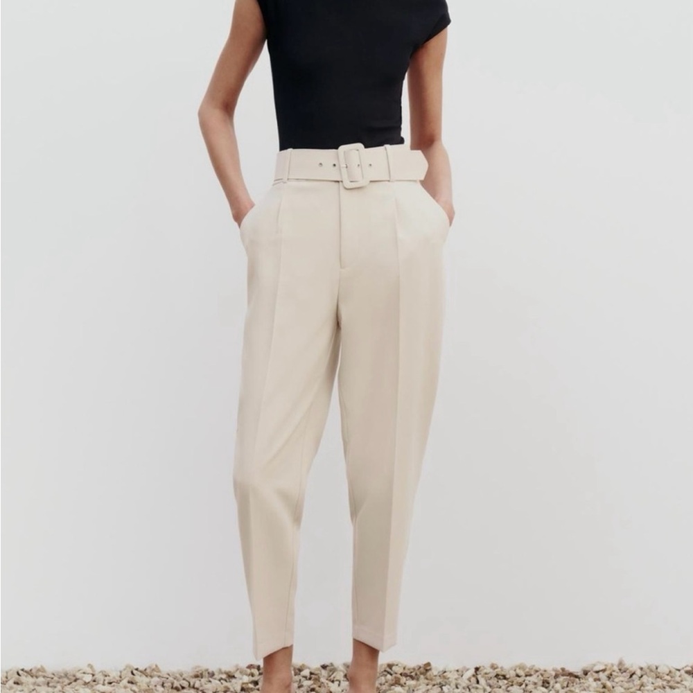 Zara Beige High-Waisted Trousers with Belt